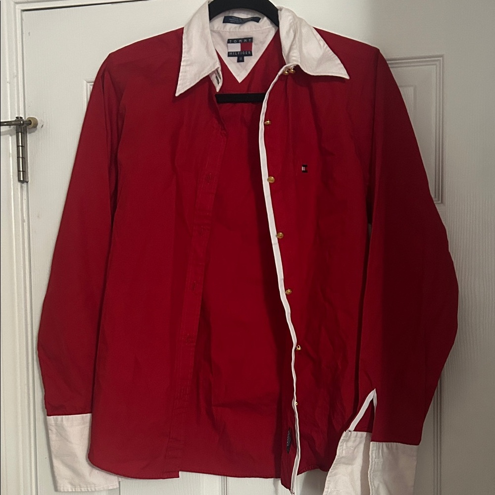 Tommy Hilfiger Red Button-Front Shirt with White Collar & Cuffs